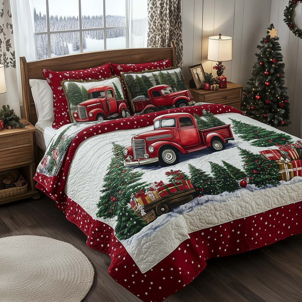 Christmas Truck Green Pines Dotted Border quilted bedding set, quilt and two pillow shams on a made bed