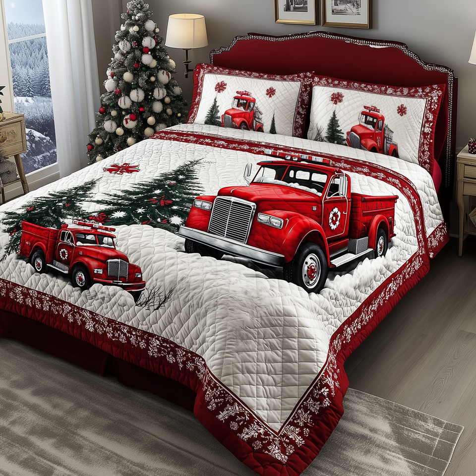 Christmas Truck Loaded Bed Side View quilted bedding set, quilt and two pillow shams on a made bed
