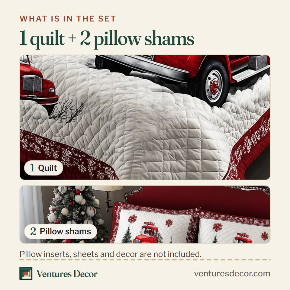 What is in the set: one quilt and two pillow shams, shown in the Christmas Truck Loaded Bed Side View design