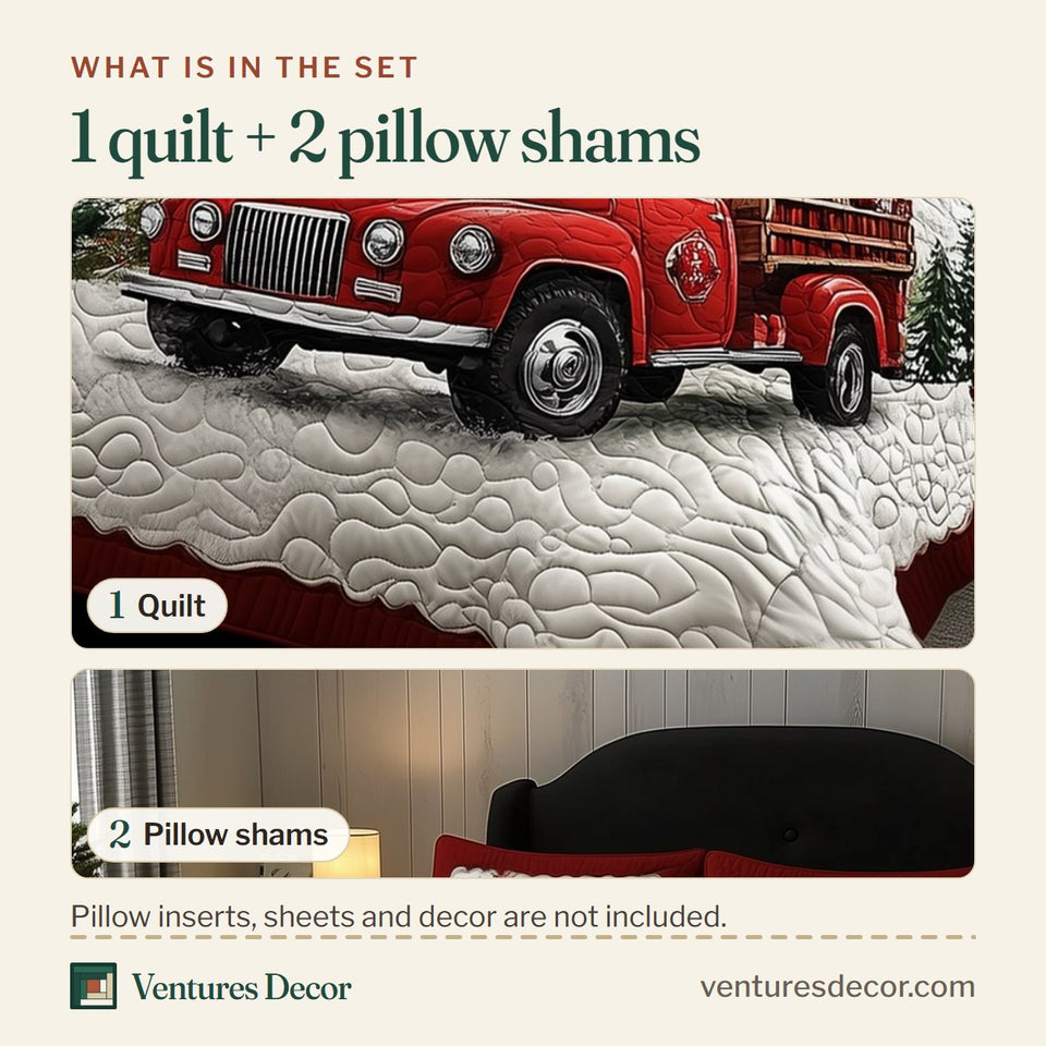 What is in the set: one quilt and two pillow shams, shown in the Christmas Truck Pine Row Wide Red Border design
