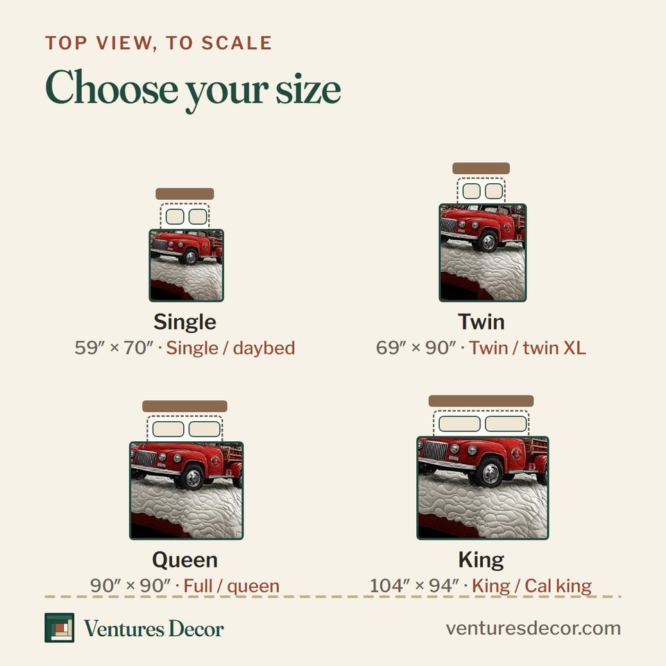 Size guide for the Christmas Truck Pine Row Wide Red Border quilt, top view to scale: Single 59 x 70 in, Twin 69 x 90 in, Queen 90 x 90 in, King 104 x 94 in