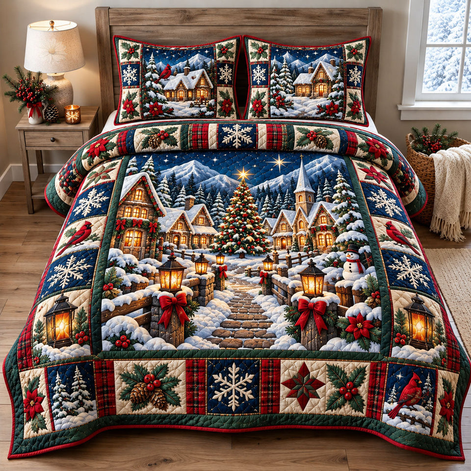 Christmas Village Glow quilted bedding set, quilt and two pillow shams on a made bed