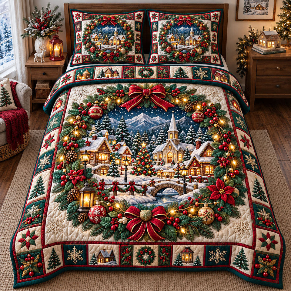 Christmas Village in Brown and Charcoal quilted bedding set, quilt and two pillow shams on a made bed