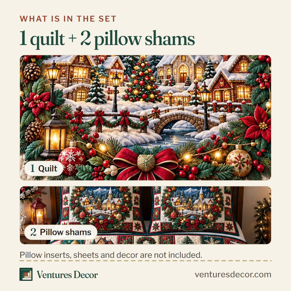 What is in the set: one quilt and two pillow shams, shown in the Christmas Village in Brown and Charcoal Quilt Set, 3-Piece Quilted Bedding with 2 Pillow Shams design