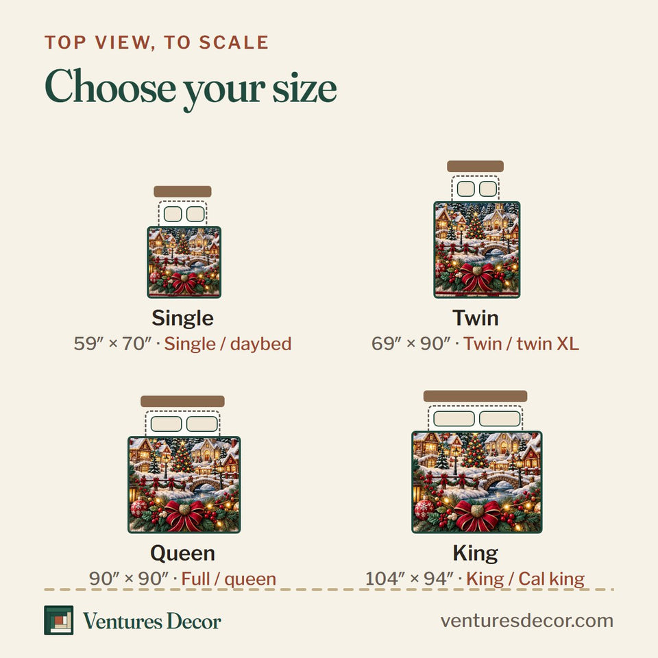 Size guide for the Christmas Village in Brown and Charcoal Quilt Set, 3-Piece Quilted Bedding with 2 Pillow Shams quilt, top view to scale: Single 59 x 70 in, Twin 69 x 90 in, Queen 90 x 90 in, King 104 x 94 in