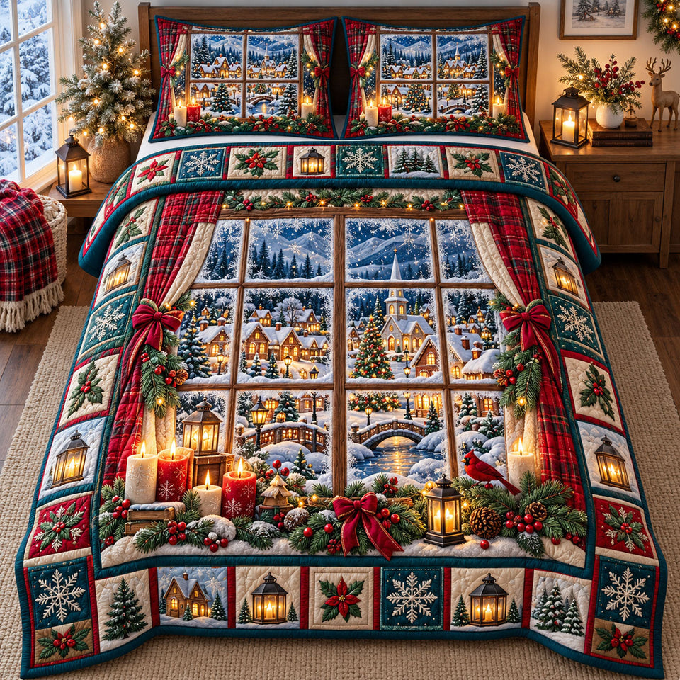 Christmas Village in Brown and Gray quilted bedding set, quilt and two pillow shams on a made bed