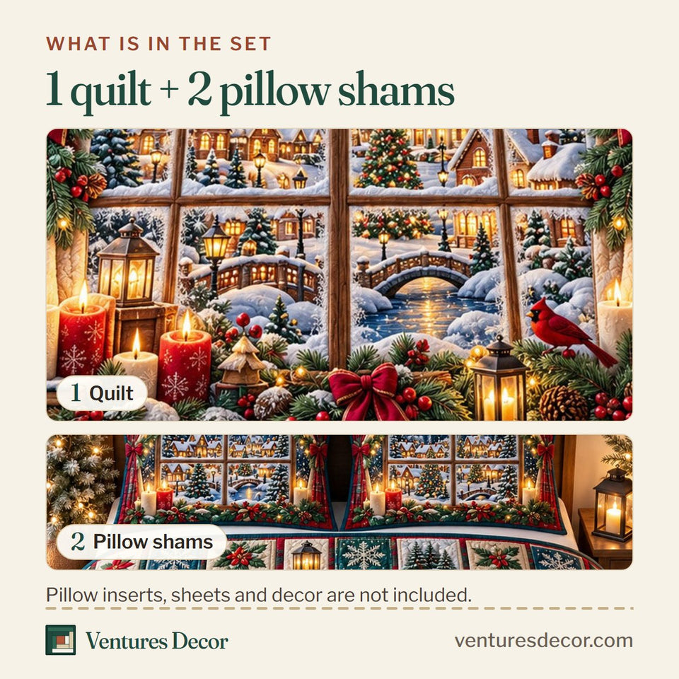 What is in the set: one quilt and two pillow shams, shown in the Christmas Village in Brown and Gray Quilt Set, 3-Piece Quilted Bedding with 2 Pillow Shams design