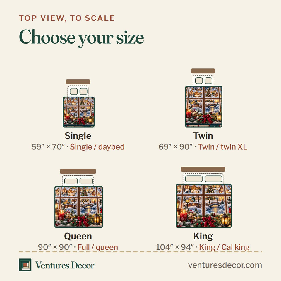 Size guide for the Christmas Village in Brown and Gray Quilt Set, 3-Piece Quilted Bedding with 2 Pillow Shams quilt, top view to scale: Single 59 x 70 in, Twin 69 x 90 in, Queen 90 x 90 in, King 104 x 94 in