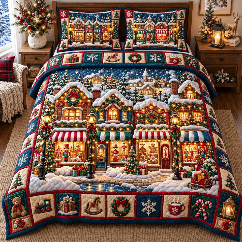 Christmas Village in Brown and Tan quilted bedding set, quilt and two pillow shams on a made bed