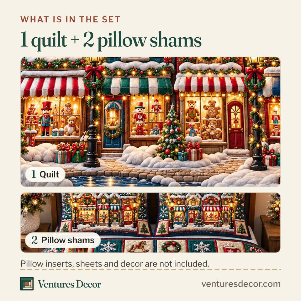 What is in the set: one quilt and two pillow shams, shown in the Christmas Village in Brown and Tan Quilt Set, 3-Piece Quilted Bedding with 2 Pillow Shams design