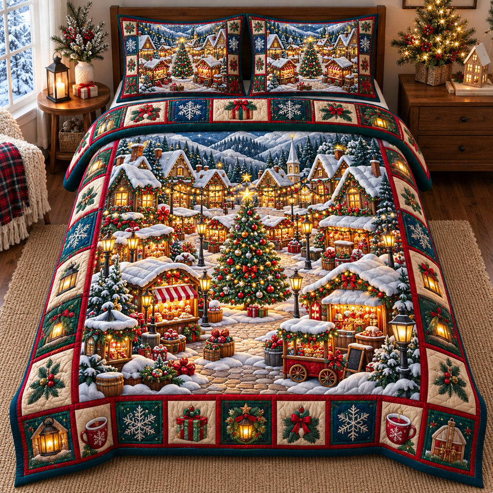 Christmas Village in Brown quilted bedding set, quilt and two pillow shams on a made bed