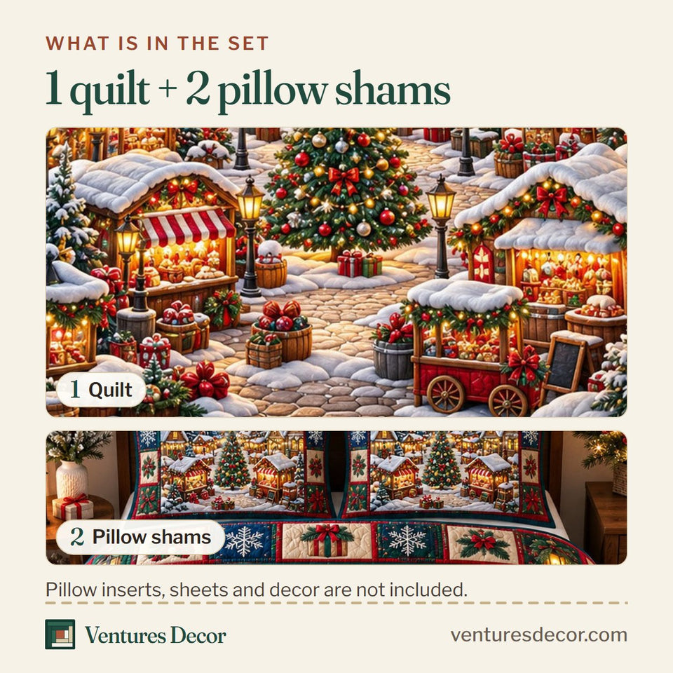 What is in the set: one quilt and two pillow shams, shown in the Christmas Village in Brown Quilt Set, 3-Piece Quilted Bedding with 2 Pillow Shams design