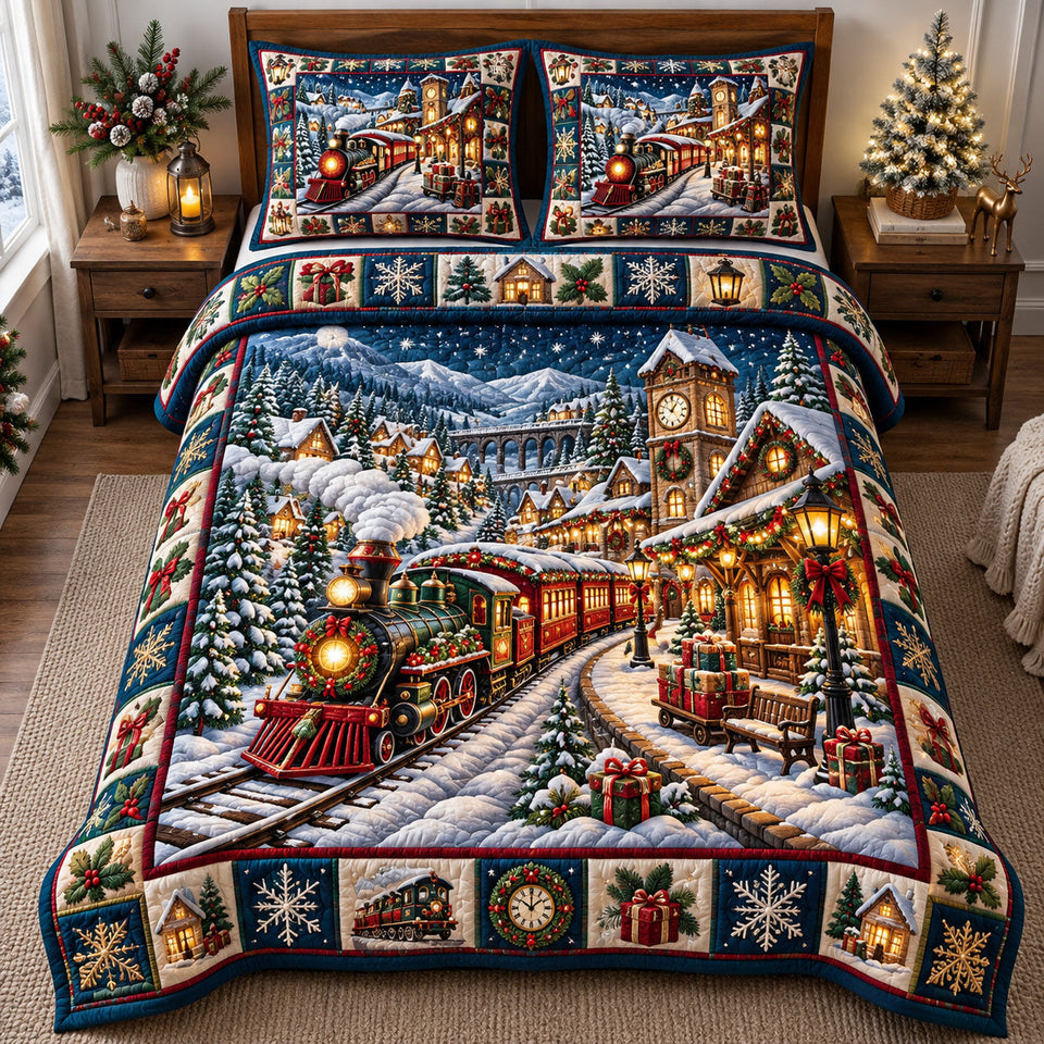 Christmas Village in Charcoal and Brown quilted bedding set, quilt and two pillow shams on a made bed
