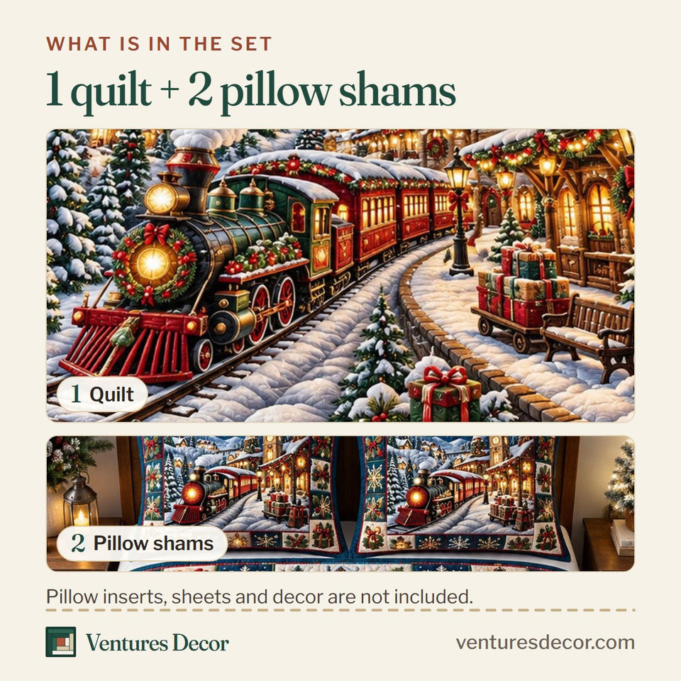 What is in the set: one quilt and two pillow shams, shown in the Christmas Village in Charcoal and Brown Quilt Set, 3-Piece Quilted Bedding with 2 Pillow Shams design