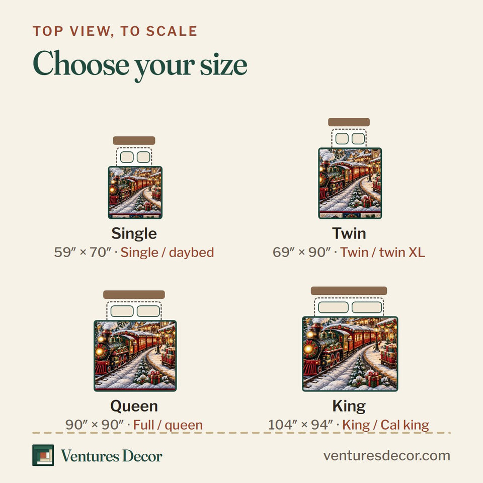 Size guide for the Christmas Village in Charcoal and Brown Quilt Set, 3-Piece Quilted Bedding with 2 Pillow Shams quilt, top view to scale: Single 59 x 70 in, Twin 69 x 90 in, Queen 90 x 90 in, King 104 x 94 in