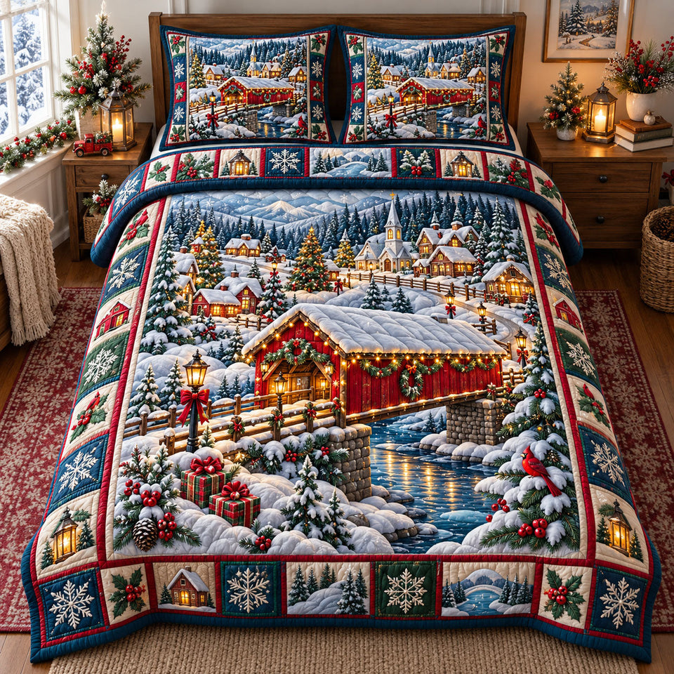 Christmas Village in Charcoal and Gray quilted bedding set, quilt and two pillow shams on a made bed
