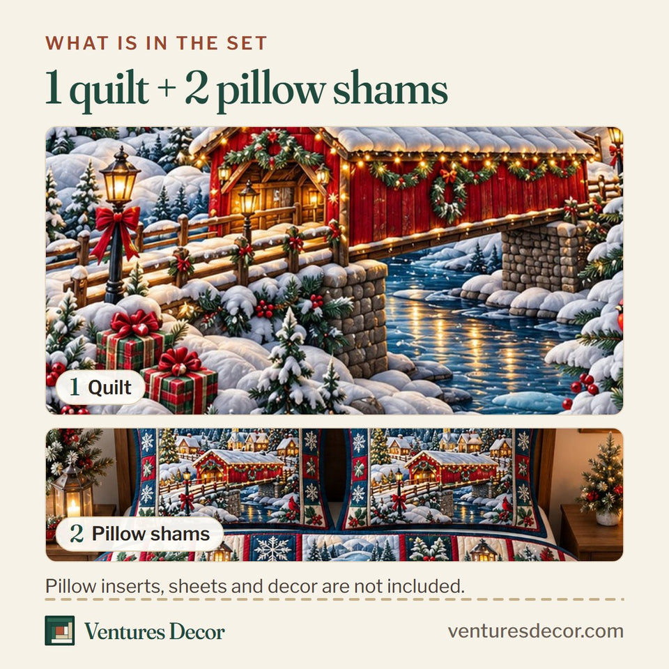 What is in the set: one quilt and two pillow shams, shown in the Christmas Village in Charcoal and Gray Quilt Set, 3-Piece Quilted Bedding with 2 Pillow Shams design