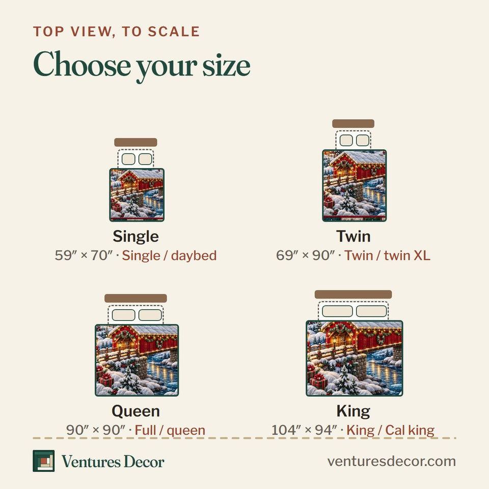 Size guide for the Christmas Village in Charcoal and Gray Quilt Set, 3-Piece Quilted Bedding with 2 Pillow Shams quilt, top view to scale: Single 59 x 70 in, Twin 69 x 90 in, Queen 90 x 90 in, King 104 x 94 in