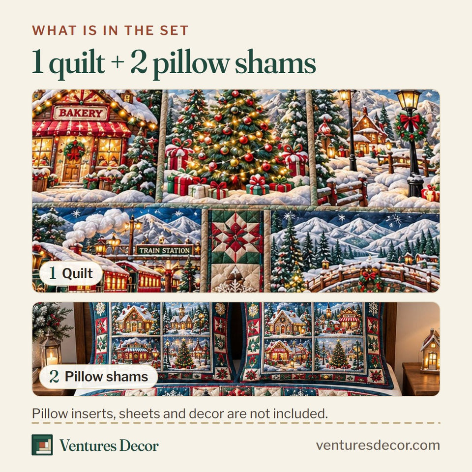 What is in the set: one quilt and two pillow shams, shown in the Christmas Village in Charcoal Quilt Set, 3-Piece Quilted Bedding with 2 Pillow Shams design