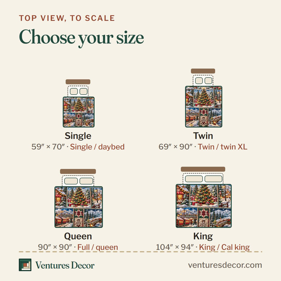 Size guide for the Christmas Village in Charcoal Quilt Set, 3-Piece Quilted Bedding with 2 Pillow Shams quilt, top view to scale: Single 59 x 70 in, Twin 69 x 90 in, Queen 90 x 90 in, King 104 x 94 in