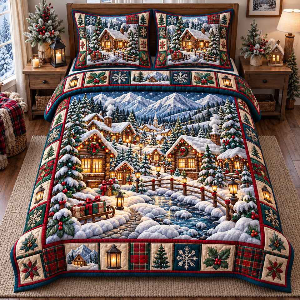 Christmas Village in Gray and Brown quilted bedding set, quilt and two pillow shams on a made bed