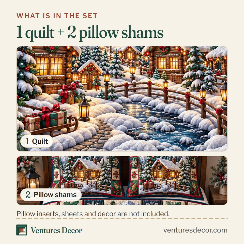 What is in the set: one quilt and two pillow shams, shown in the Christmas Village in Gray and Brown Quilt Set, 3-Piece Quilted Bedding with 2 Pillow Shams design