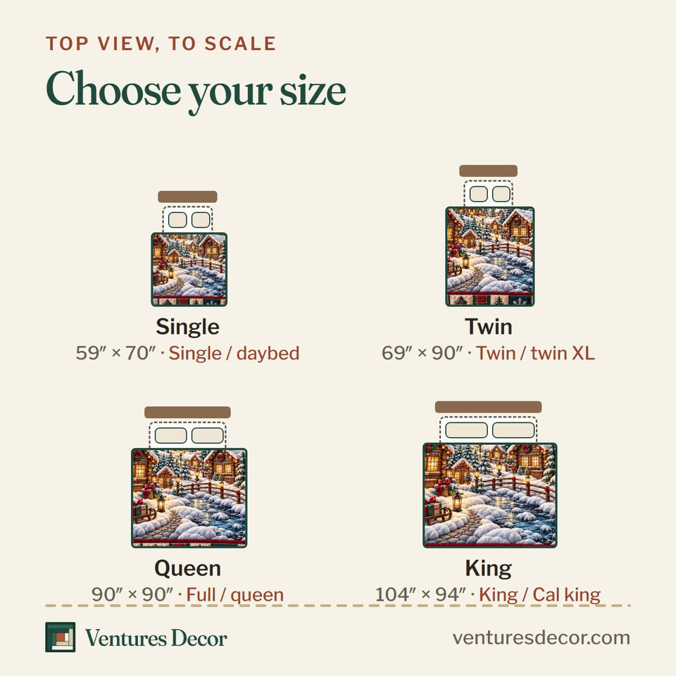 Size guide for the Christmas Village in Gray and Brown Quilt Set, 3-Piece Quilted Bedding with 2 Pillow Shams quilt, top view to scale: Single 59 x 70 in, Twin 69 x 90 in, Queen 90 x 90 in, King 104 x 94 in