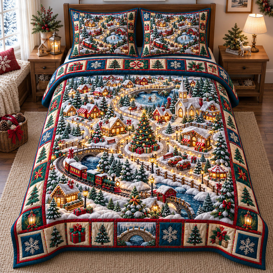 Christmas Village in Gray and Charcoal quilted bedding set, quilt and two pillow shams on a made bed