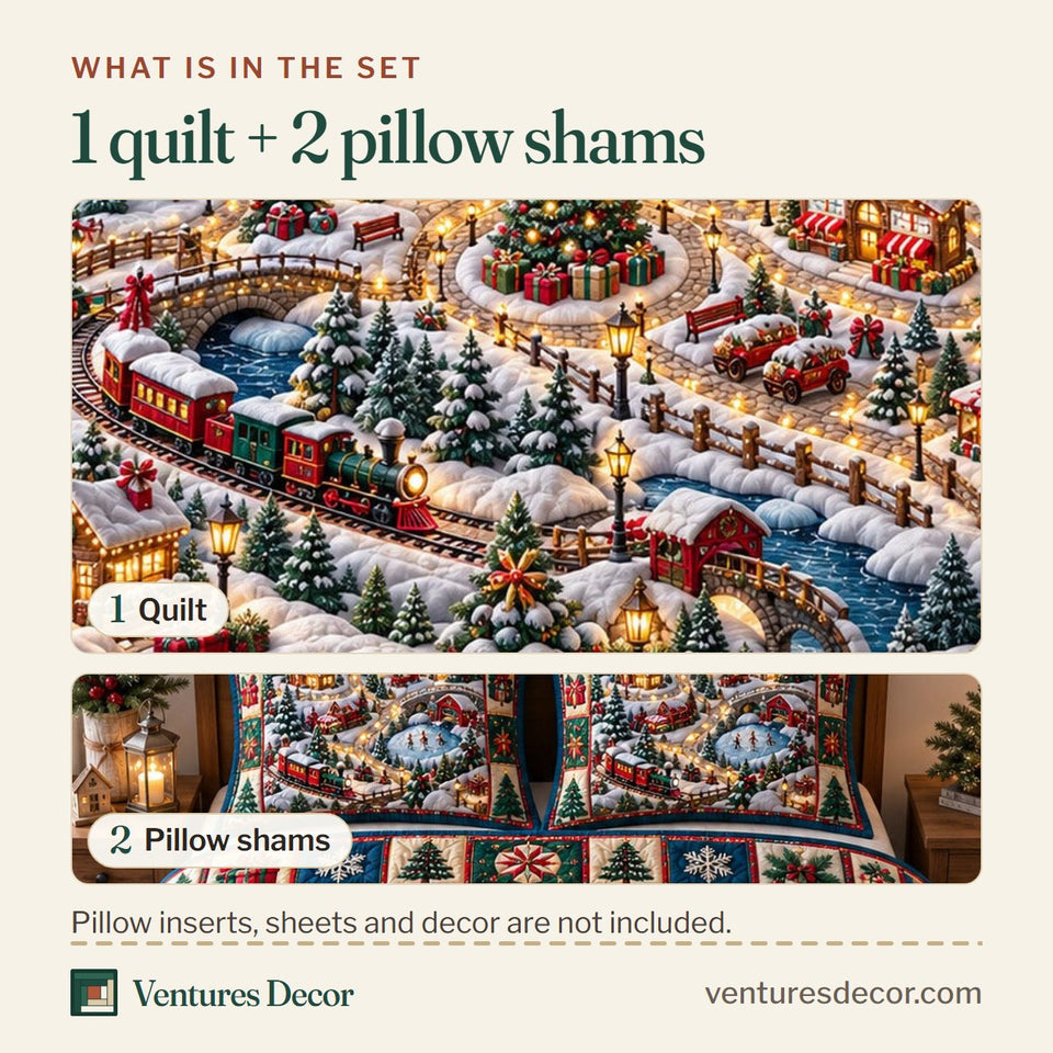 What is in the set: one quilt and two pillow shams, shown in the Christmas Village in Gray and Charcoal Quilt Set, 3-Piece Quilted Bedding with 2 Pillow Shams design