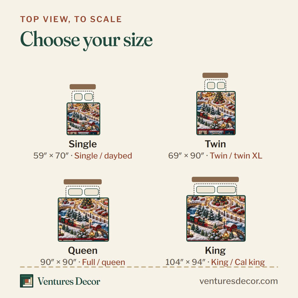 Size guide for the Christmas Village in Gray and Charcoal Quilt Set, 3-Piece Quilted Bedding with 2 Pillow Shams quilt, top view to scale: Single 59 x 70 in, Twin 69 x 90 in, Queen 90 x 90 in, King 104 x 94 in