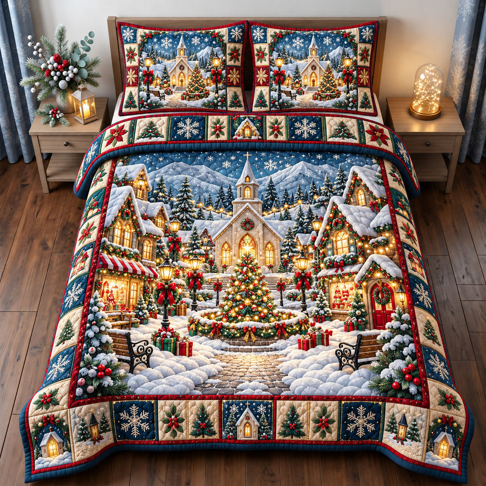 Christmas Village in Gray and Tan quilted bedding set, quilt and two pillow shams on a made bed