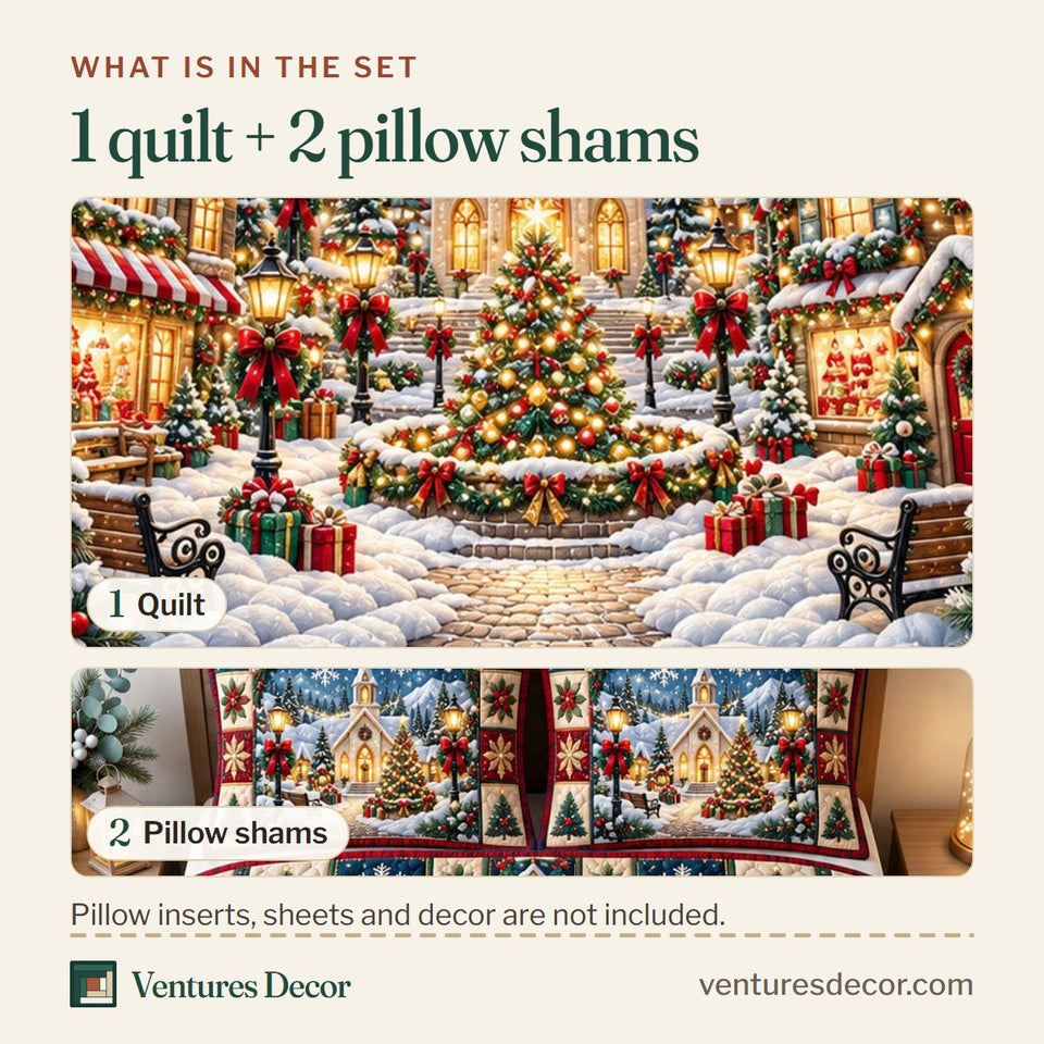 What is in the set: one quilt and two pillow shams, shown in the Christmas Village in Gray and Tan Quilt Set, 3-Piece Quilted Bedding with 2 Pillow Shams design