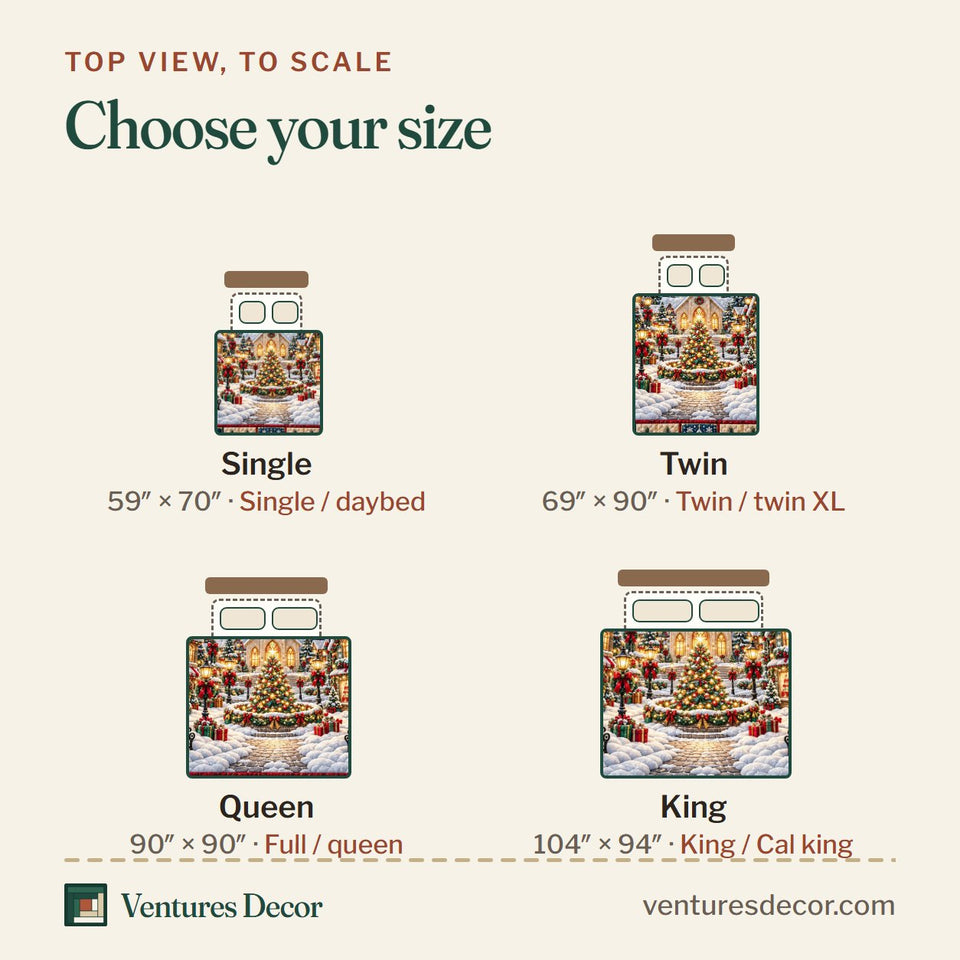 Size guide for the Christmas Village in Gray and Tan Quilt Set, 3-Piece Quilted Bedding with 2 Pillow Shams quilt, top view to scale: Single 59 x 70 in, Twin 69 x 90 in, Queen 90 x 90 in, King 104 x 94 in