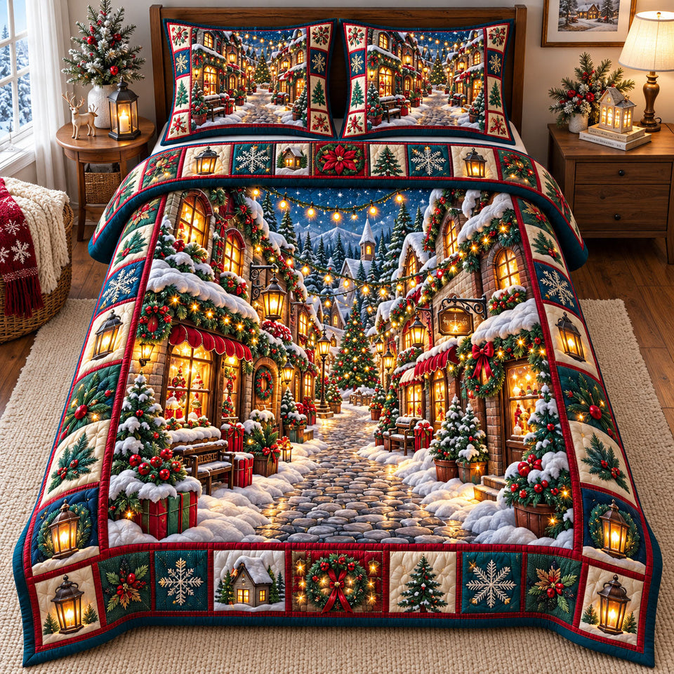 Christmas Village in Gray quilted bedding set, quilt and two pillow shams on a made bed