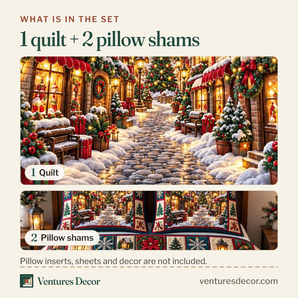 What is in the set: one quilt and two pillow shams, shown in the Christmas Village in Gray Quilt Set, 3-Piece Quilted Bedding with 2 Pillow Shams design