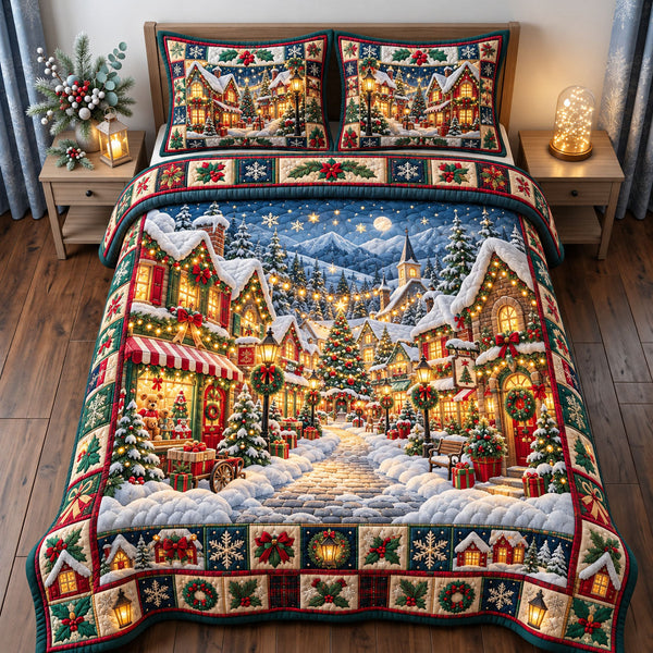 Christmas Village in Tan and Brown quilted bedding set, quilt and two pillow shams on a made bed