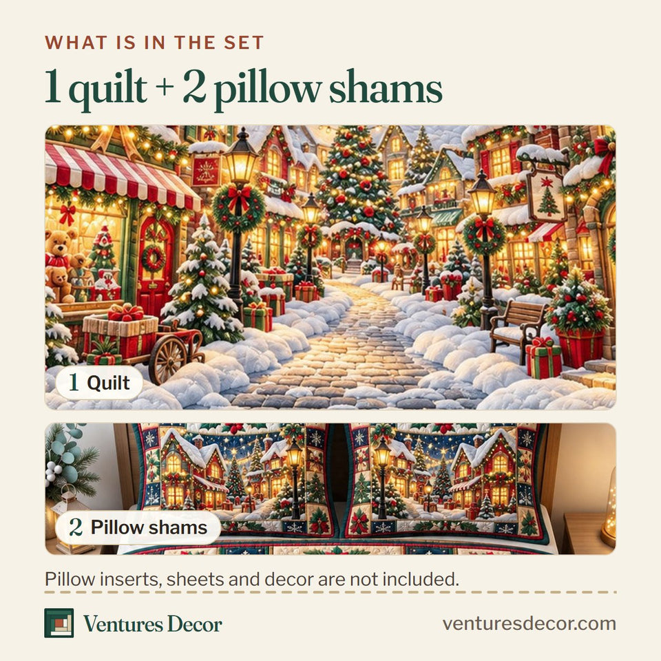 What is in the set: one quilt and two pillow shams, shown in the Christmas Village in Tan and Brown Quilt Set, 3-Piece Quilted Bedding with 2 Pillow Shams design