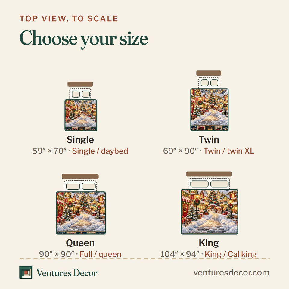 Size guide for the Christmas Village in Tan and Brown Quilt Set, 3-Piece Quilted Bedding with 2 Pillow Shams quilt, top view to scale: Single 59 x 70 in, Twin 69 x 90 in, Queen 90 x 90 in, King 104 x 94 in