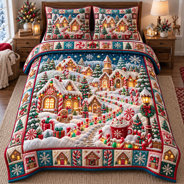 Christmas Village in Tan quilted bedding set, quilt and two pillow shams on a made bed