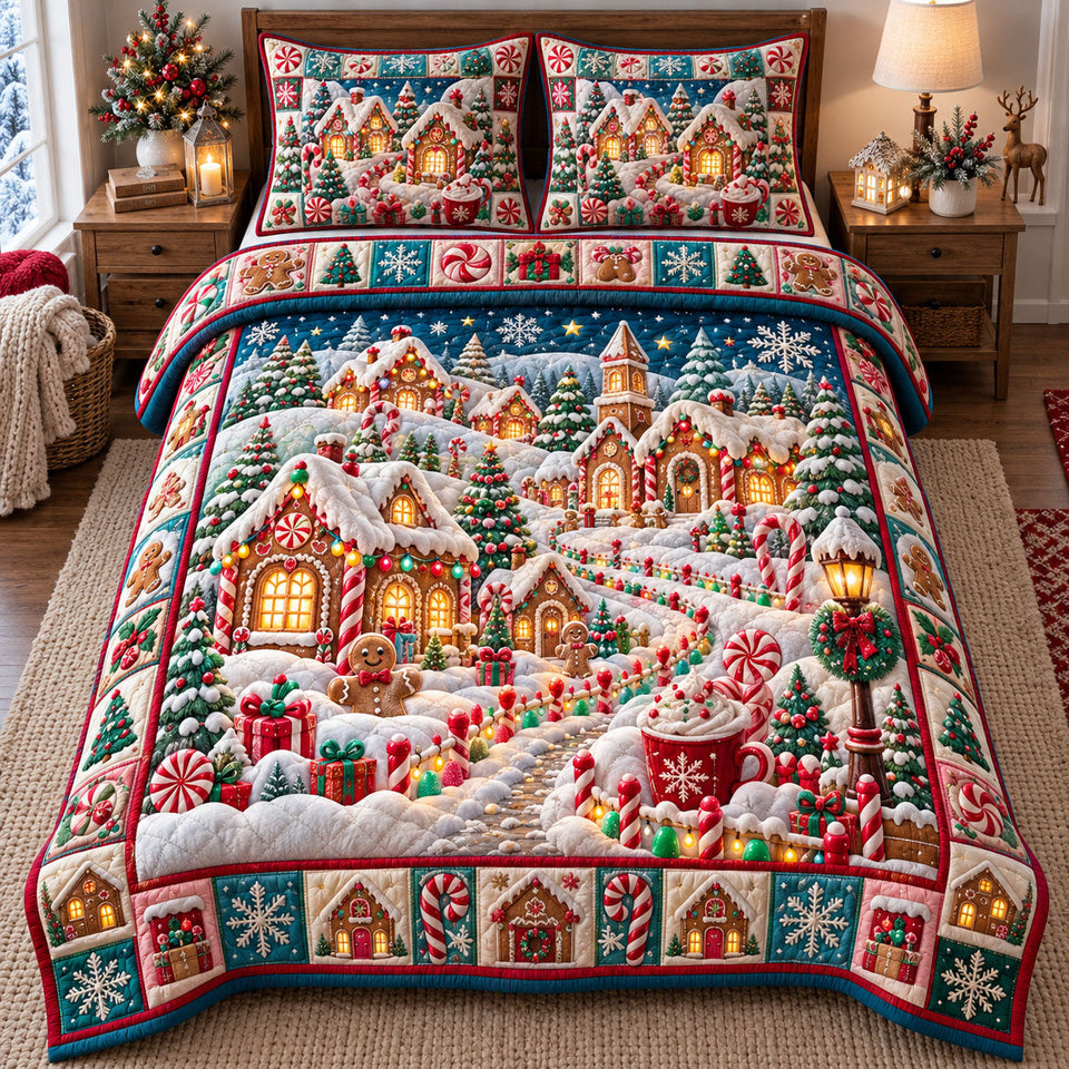 Christmas Village in Tan quilted bedding set, quilt and two pillow shams on a made bed