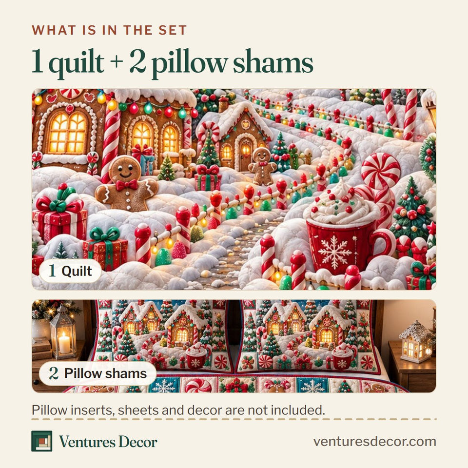 What is in the set: one quilt and two pillow shams, shown in the Christmas Village in Tan Quilt Set, 3-Piece Quilted Bedding with 2 Pillow Shams design