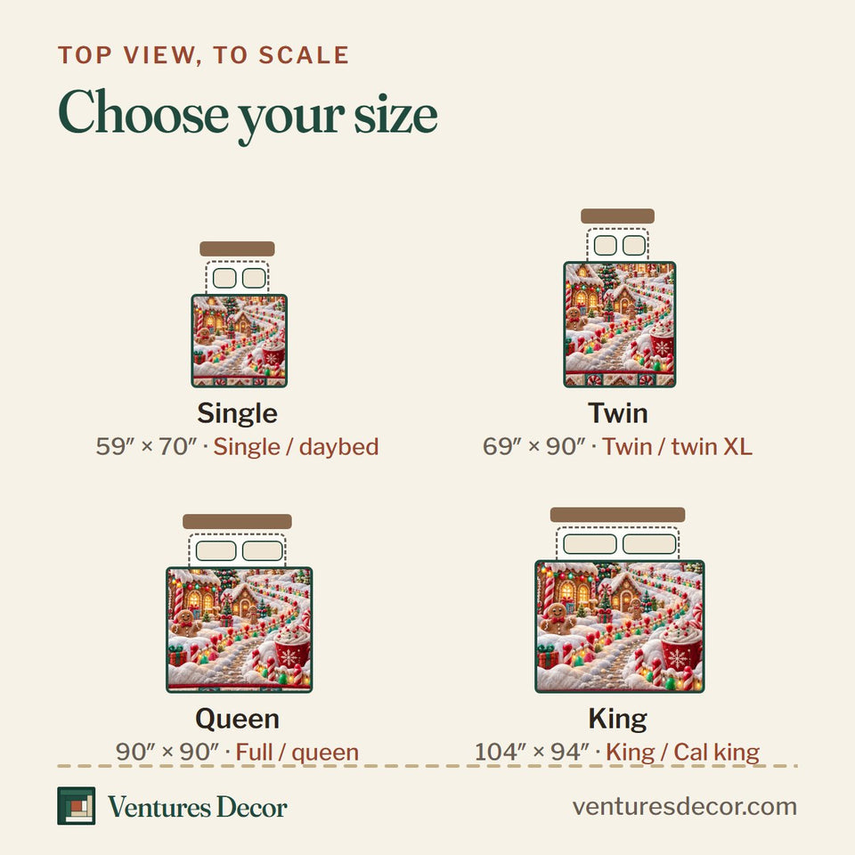 Size guide for the Christmas Village in Tan Quilt Set, 3-Piece Quilted Bedding with 2 Pillow Shams quilt, top view to scale: Single 59 x 70 in, Twin 69 x 90 in, Queen 90 x 90 in, King 104 x 94 in