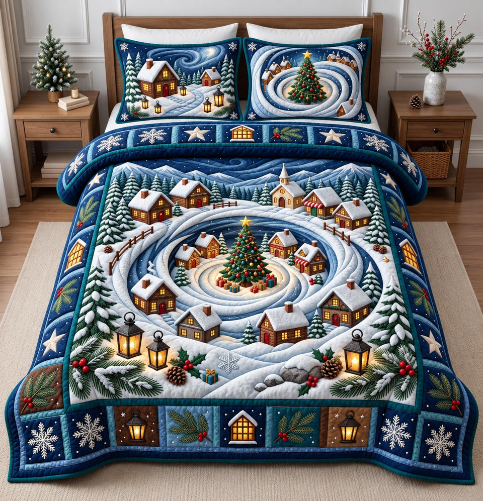 Christmas Village quilted bedding set, quilt and two pillow shams on a made bed