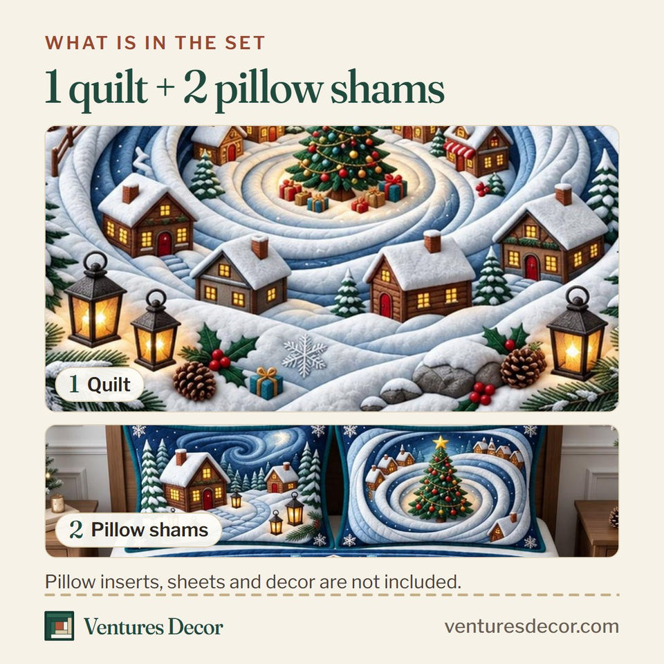What is in the set: one quilt and two pillow shams, shown in the Christmas Village design