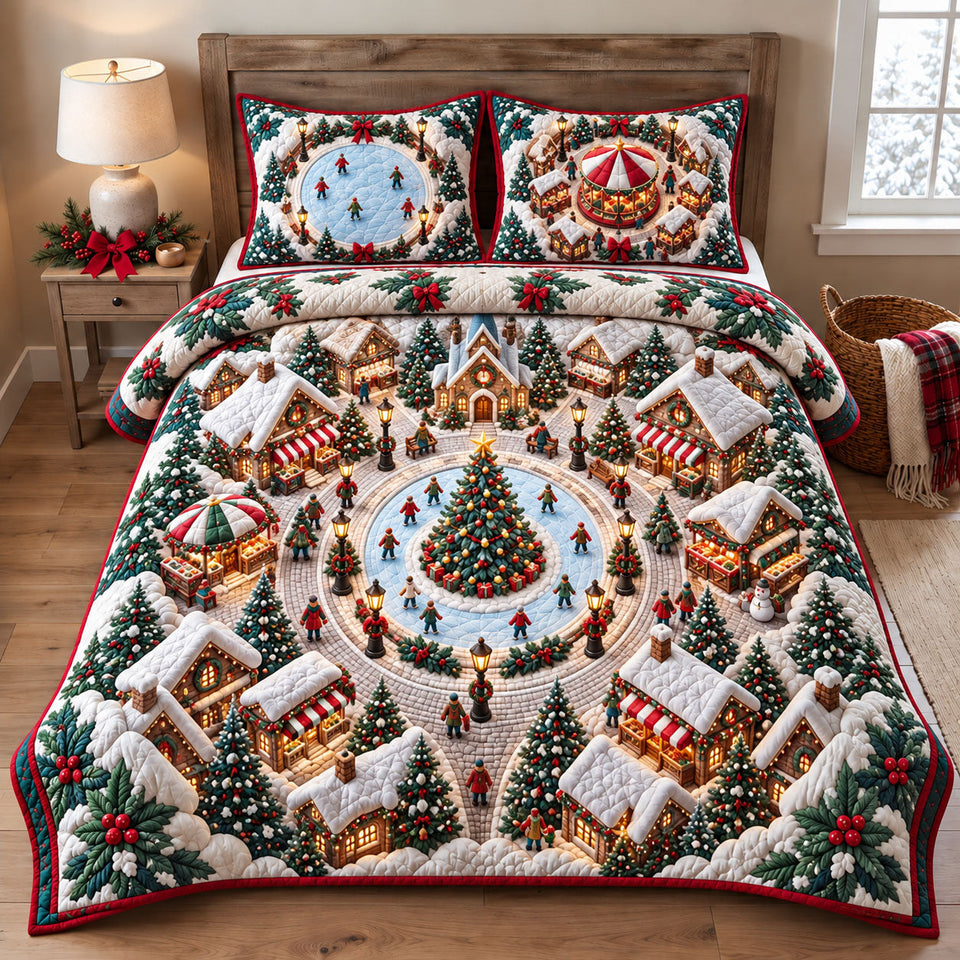 Christmas Village Square quilted bedding set, quilt and two pillow shams on a made bed