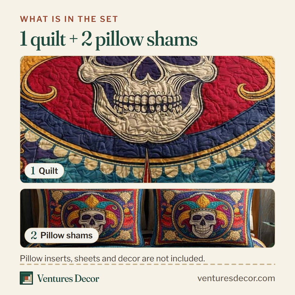 What is in the set: one quilt and two pillow shams, shown in the Circus Soul design