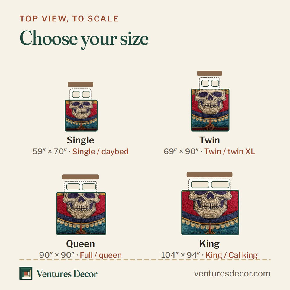 Size guide for the Circus Soul quilt, top view to scale: Single 59 x 70 in, Twin 69 x 90 in, Queen 90 x 90 in, King 104 x 94 in