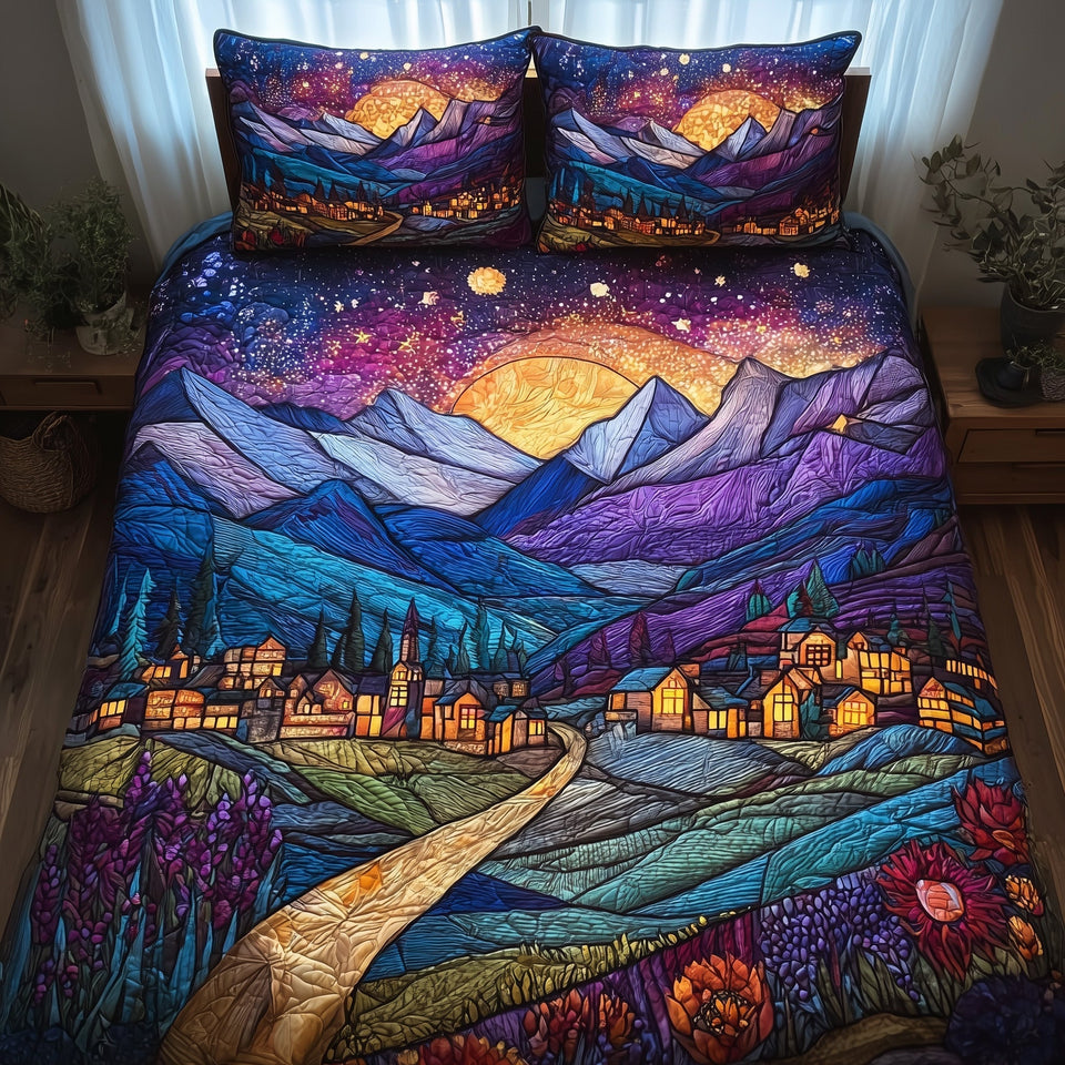 City of Starlight Golden Moon Above Winding Lane quilted bedding set, quilt and two pillow shams on a made bed
