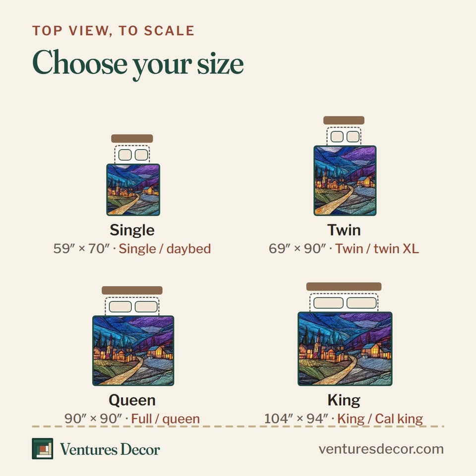 Size guide for the City of Starlight Golden Moon Above Winding Lane quilt, top view to scale: Single 59 x 70 in, Twin 69 x 90 in, Queen 90 x 90 in, King 104 x 94 in
