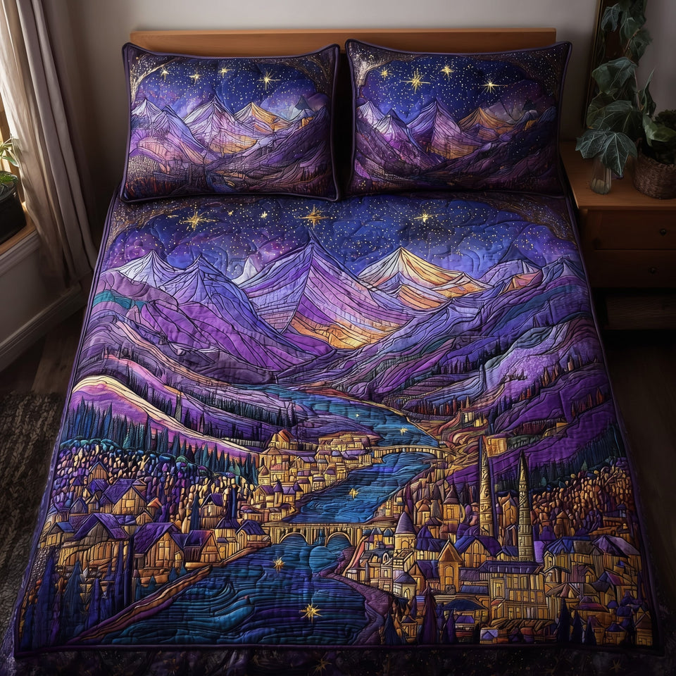 City of Starlight Riverside Town Below Violet Peaks quilted bedding set, quilt and two pillow shams on a made bed